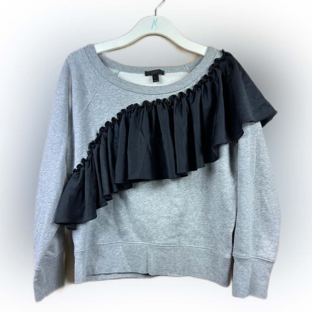 J. Crew Factory Grey Woven Ruffle Neck Pullover Sweatshirt Size Small